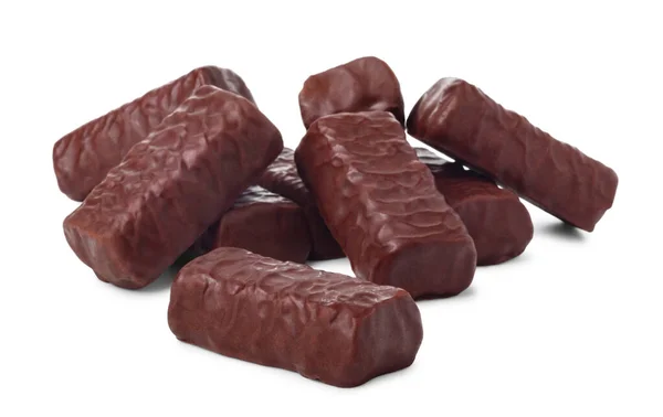 Haufen Schokoladenbonbons Isoliert Auf Weißem Hintergrund Geringe Tiefenschärfe — Stockfoto