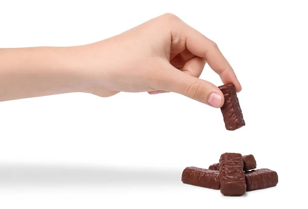 Kinderhand Nimmt Schokoladenbonbons Isoliert Auf Weißem Hintergrund Hand Hält Schokoladenbonbons — Stockfoto