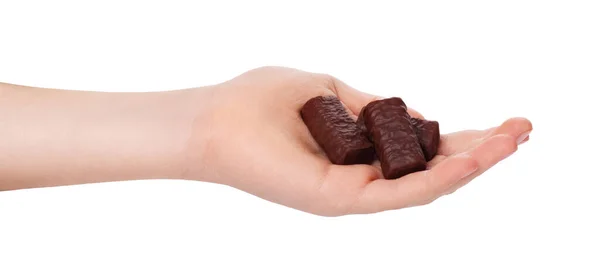 Schokoladenbonbons Der Hand Eines Jungen Isoliert Auf Weißem Hintergrund Ansicht — Stockfoto