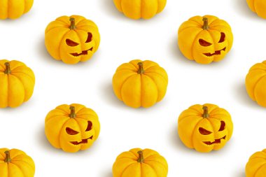 Beyaz arka planda cadılar bayramı balkabaklarıyla kusursuz tekrarlanan desen, üç boyutlu görüntüleme. Mutlu Cadılar Bayramı konsepti.