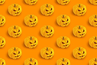 Turuncu arka planda cadılar bayramı balkabaklarıyla tekrarlanan desen, üç boyutlu görüntüleme. Mutlu Cadılar Bayramı konsepti.