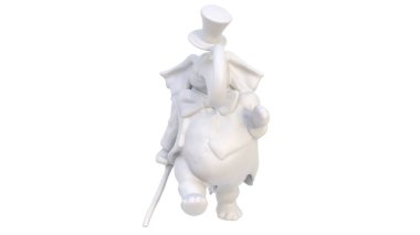 Bastonlu ve şapkalı bir fil karakterinin 3 boyutlu görüntüsü. 3 Boyutlu Hazırlama.