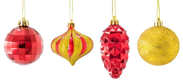 Conjunto Decoraciones Árbol Navidad Oro Rojo Aisladas Sobre Fondo Blanco — Foto de Stock