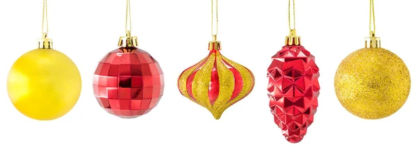 Conjunto Decoraciones Árbol Navidad Oro Rojo Aisladas Sobre Fondo Blanco — Foto de Stock