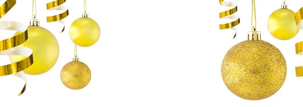 Горизонтальные Бесшовные Рождественские Украшения Стеклянными Желтыми Золотыми Шариками Глянцевой Золотой — стоковое фото