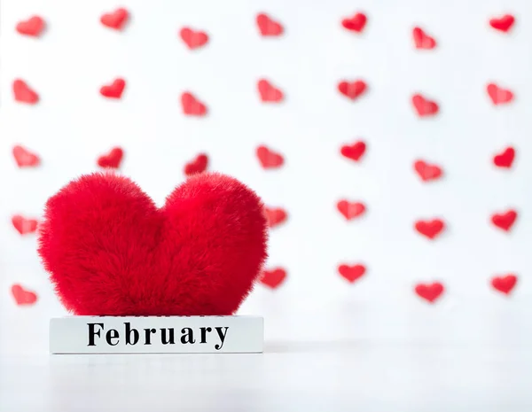 Mostra Calendário Madeira Fevereiro Com Coração Vermelho Conceito Dia Dos — Fotografia de Stock