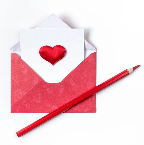 Red Envelope Pencil Red Heart White Background Copy Space — Stock Photo, Image