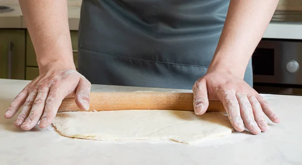 Chef Rolls Dough Wooden Rolling Pin — Stock Photo, Image