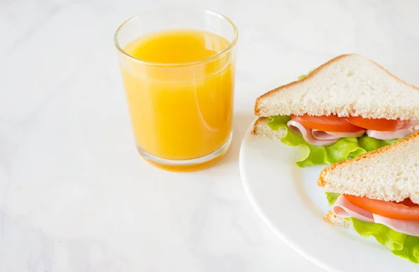 Sandwiches Orange Juice White Table European Breakfast — Stock Photo, Image