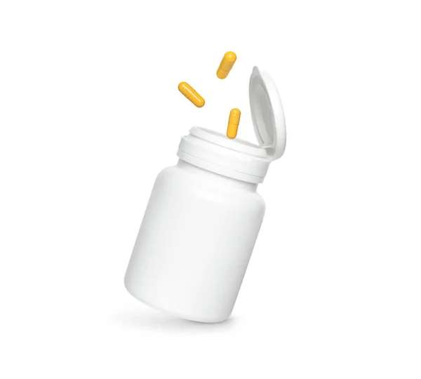 Sárga Tabletta Repül Fehér Üveg Izolált Fehér Alapon — Stock Fotó