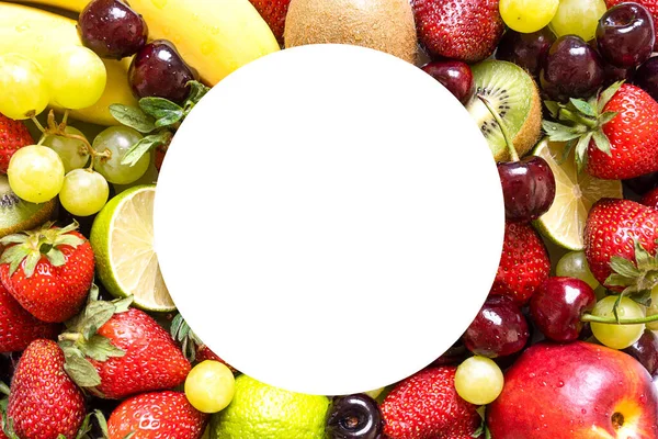 Macrosappige Vruchten Zomerse Achtergrond Van Een Grote Oogst Van Vruchten — Stockfoto