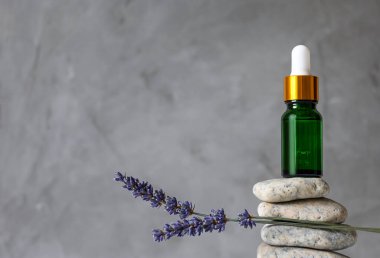 taşların üzerinde yeşil cam şişe ve lavanta dalları