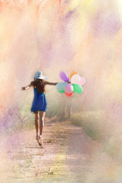 The young woman with balloons. Vintage filter — Stock Photo, Image