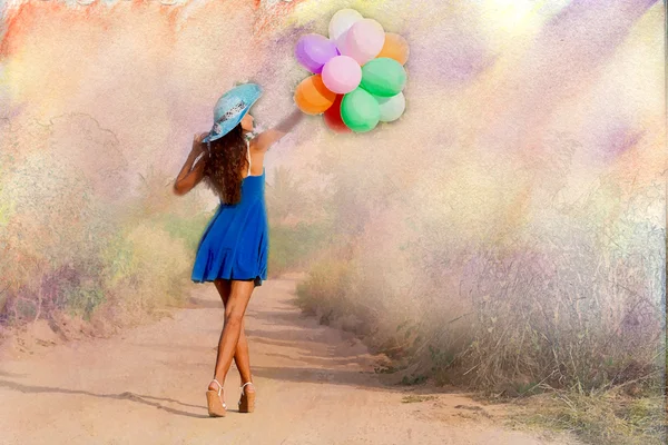 The young woman with balloons. Vintage filter — Stock Photo, Image