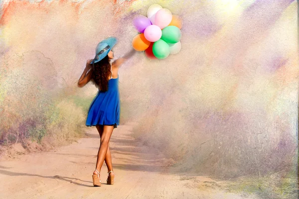 The young woman with balloons. Vintage filter — Stock Photo, Image