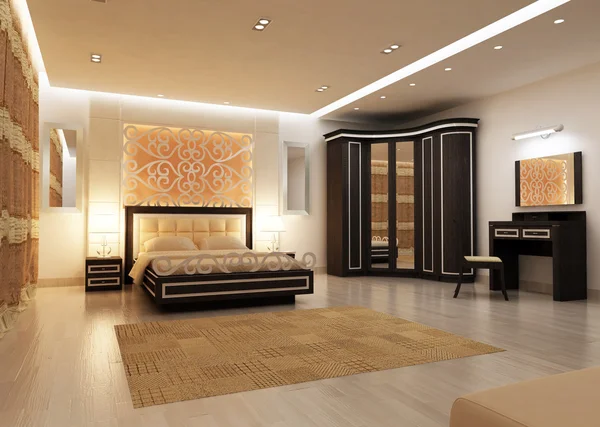 大现代卧室在人工照明的室内设计。3d 渲染 免版税图库照片