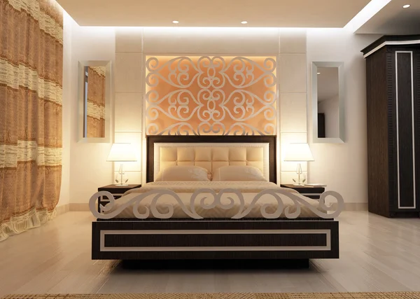 人工的な照明の大きなモダンなベッドルームのインテリア デザイン。3 d レンダリング — ストック写真