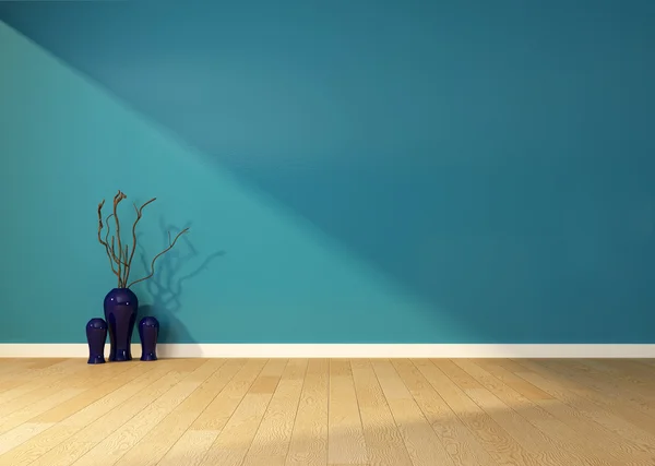 Leere Innenräume mit blauer Wand und Vase. 3D-Darstellung — Stockfoto