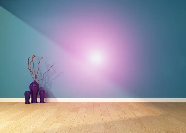 Leere Innenräume mit blauer Wand und Vase. 3D-Darstellung — Stockfoto