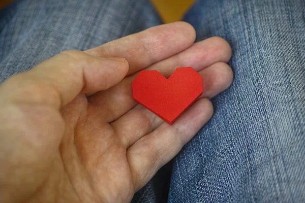 Man Holding Red Origami Heart His Palm Close — Stock Photo, Image