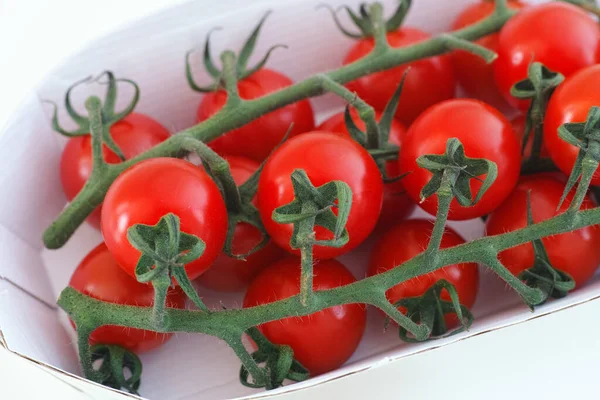 Organic Cherry Tomatoes Paper Box Close — Stock Photo, Image