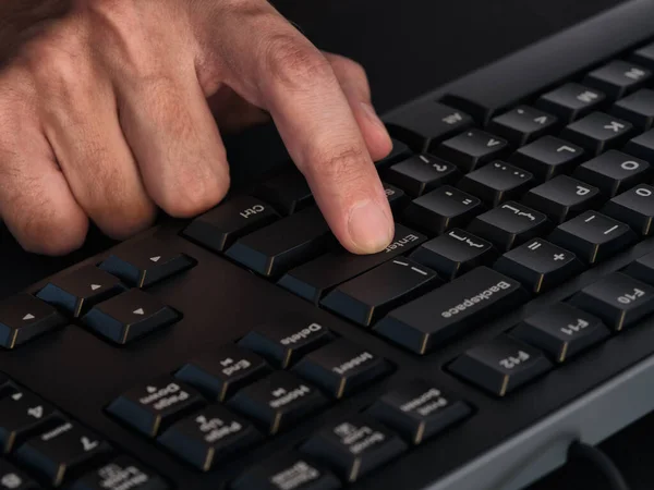 Person Pressing Enter Key Black Keyboard Close Low Key — Stock Photo, Image