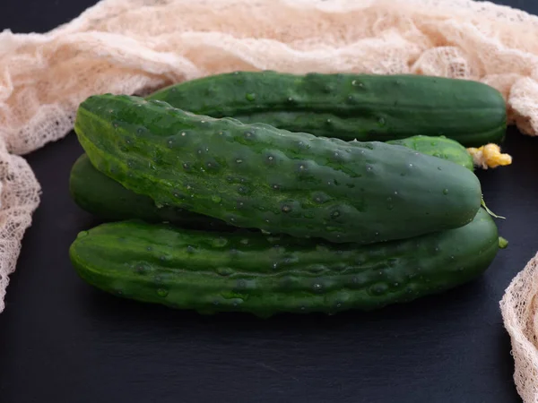 Four Ripe Green Organic Cucumbers Close — Stock Photo, Image