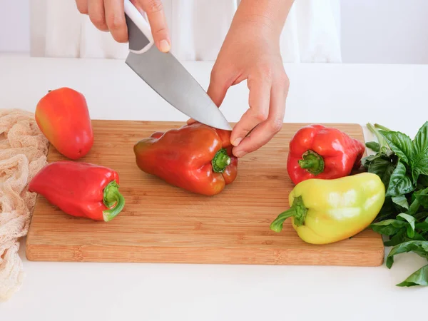 Woman Cutting Bell Peppers Knife Kitchen Close — Stock Photo, Image