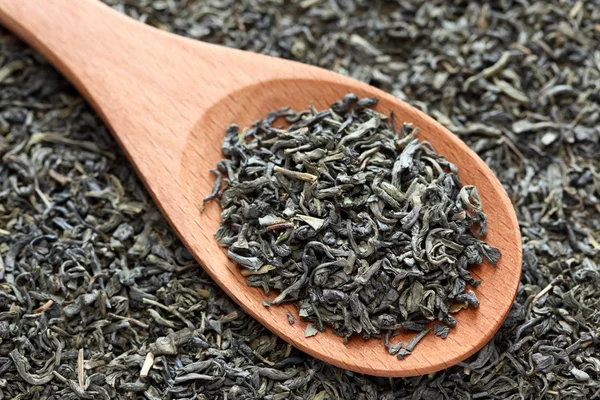 Dried green tea leaves on a wooden spoon — Stock Photo, Image