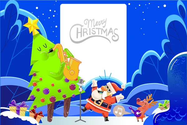 Merry Christmas greeting card, illustration, Santa, Christmas  tree and reindeer — Stock Vector