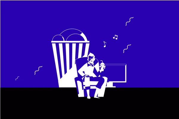 Homme avec Popcorn Regarder Compte à rebours pour le cinéma à la télévision — Image vectorielle