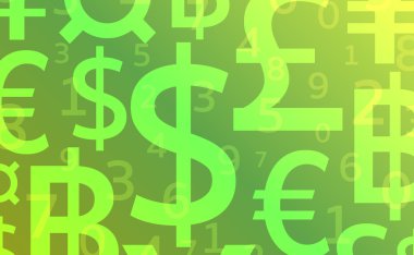 Para birimi sembolü arka plan Doları, euro, yen, sterlin, baht