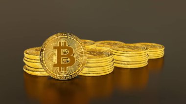 Bitcoin Kripto Para Birimi Altın Bitcoin BTC Bit Sikkesi. Bitcoin bozukluklarının yakın plan çekimleri. Blockchain teknolojisi, Bitcoin madenciliği, borsa konsepti. 3d oluşturma