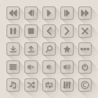 Media player button icons set with long shadow