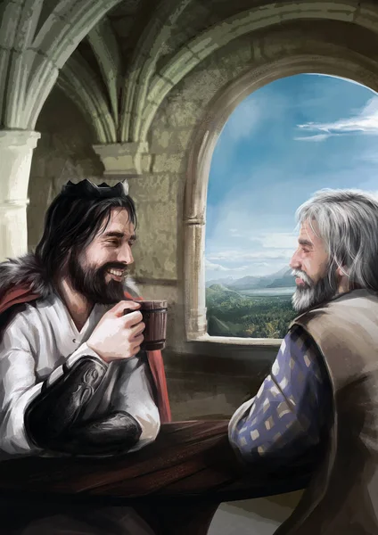 The king talks to the old man and drinks wine