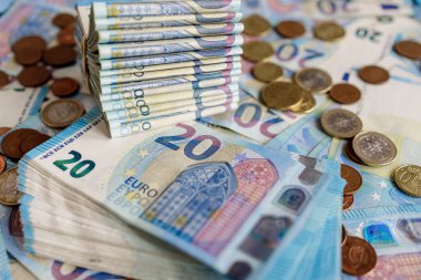 Euro parası, banknotlar ve madeni paralar arka plan, Avrupa Birliği para birimi (EUR))