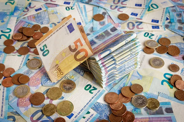 Евро Деньги Банкноты Монеты Фон Валюта Европейского Союза Eur Стоковое Фото
