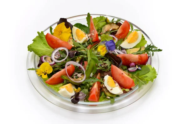 Fresh Vegetable Salad Flowers Plate White Background — 图库照片