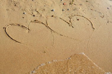 Sahilde iki kalp ve bir dalga