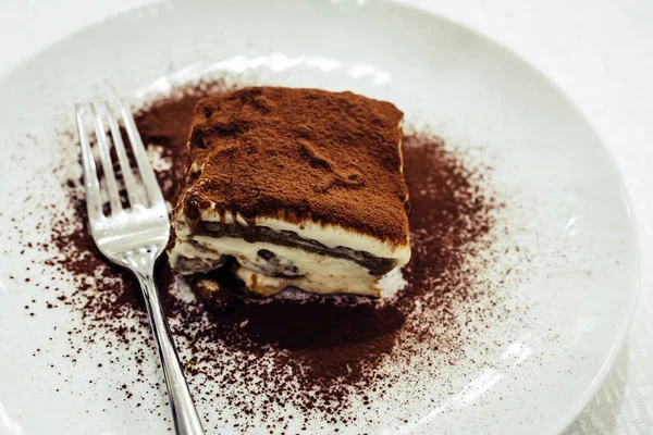一片美味的半成品奶油蛋糕 配以巧克力和咖啡 — 图库照片