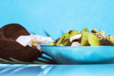 İştah açıcı müsli, yoğurt ve kivi dilimli mavi tabak.