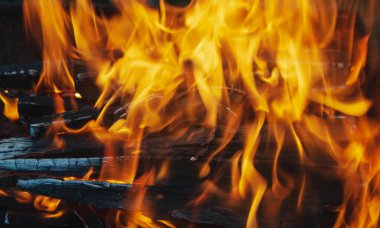 Yakından ateş alevler içinde odun yığını. Piknik konsepti.