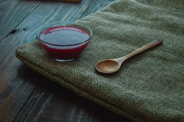 Viburnum Jam Glass Bowl Wooden Dessert Spoon Piece Burlap Concept — Stock Photo, Image