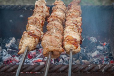 Şiş üzerindeki et kömür ızgarasında kızarır. Açık havada yemek pişirme kavramı