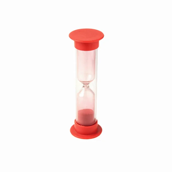 Красные Пластиковые Песочные Часы Изолированы Белом Фоне Концепция Времени Закрыть — стоковое фото