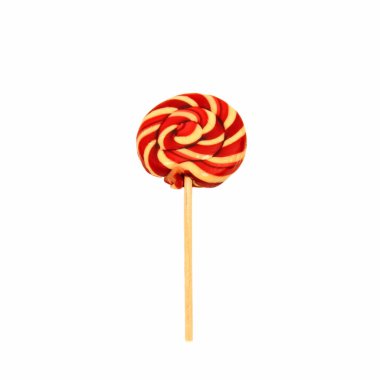 Dönen kırmızı ve beyaz lolipop beyaz arka planda izole edilmiş. Yukarıdan görünüşü