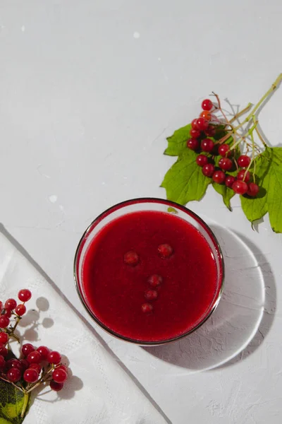 Viburnum Jam Een Glazen Schaal Lichtgrijze Achtergrond Versierd Met Viburnum — Stockfoto