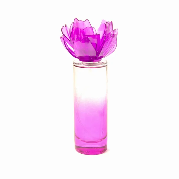 Vrouwen Parfum Spray Violette Fles Met Bloemblaadjes Dop Geïsoleerd Een — Stockfoto