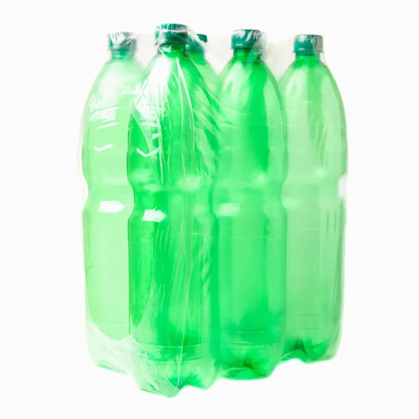 Six Green Plastic Bottles Plastic Pack Isolated White Background — Stock Photo, Image