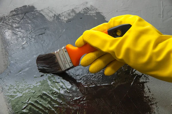 Hand Brush Yellow Rubber Glove Paints Black Paint Concept Creative Stock Picture